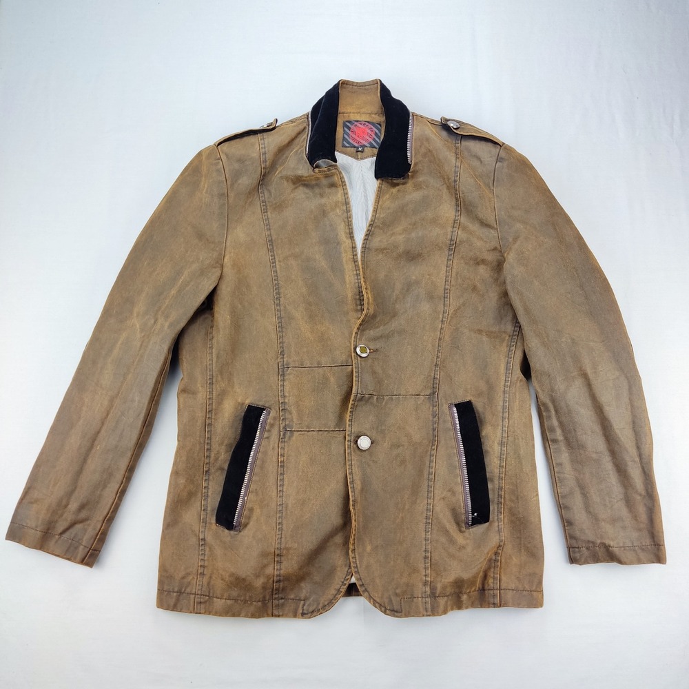 Platini Jeans Cougar Blazer Mens M Brown Distressed Waxed Velvet Trim Epaulets